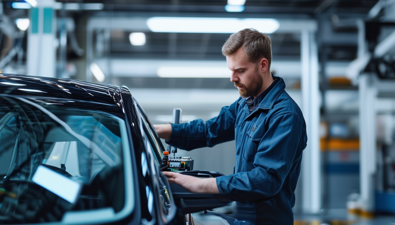 A technician calibrating an ADAS system in a moder